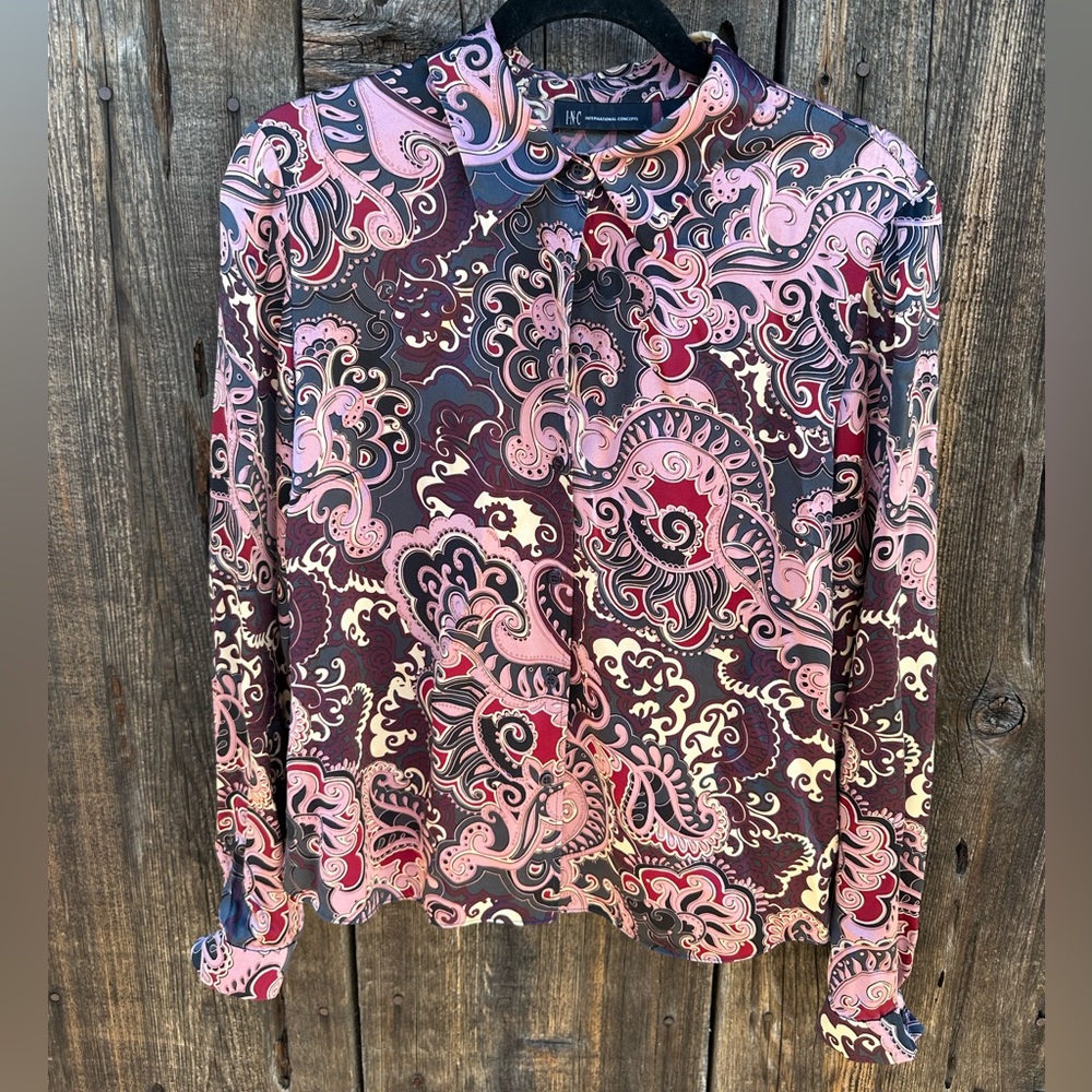 INC International Concepts Paisley 100% Silk Pink & Gray Long Sleeve Button Up